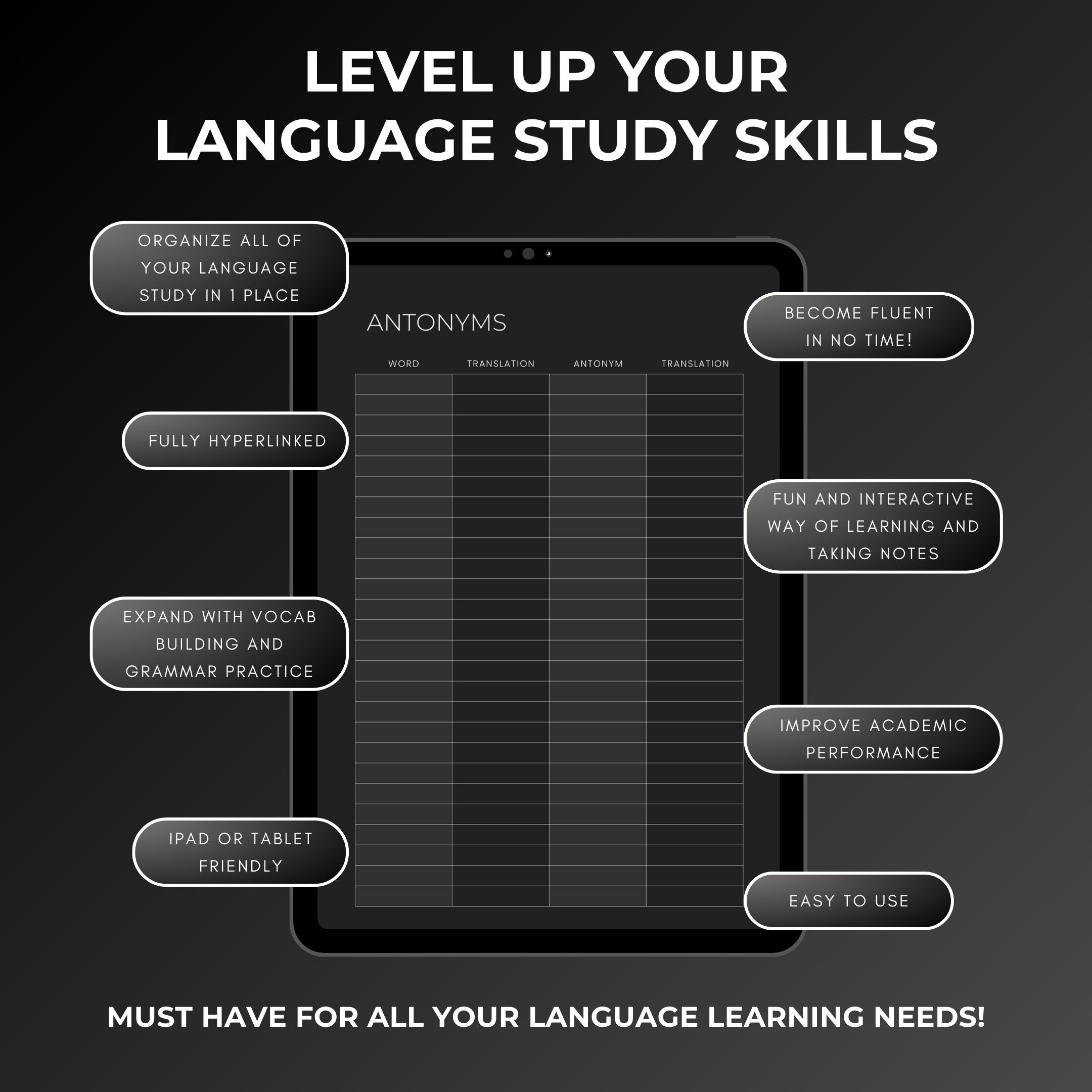 Dark Mode Language Learning Notebook, Hyperlinked Journal, iPad ...