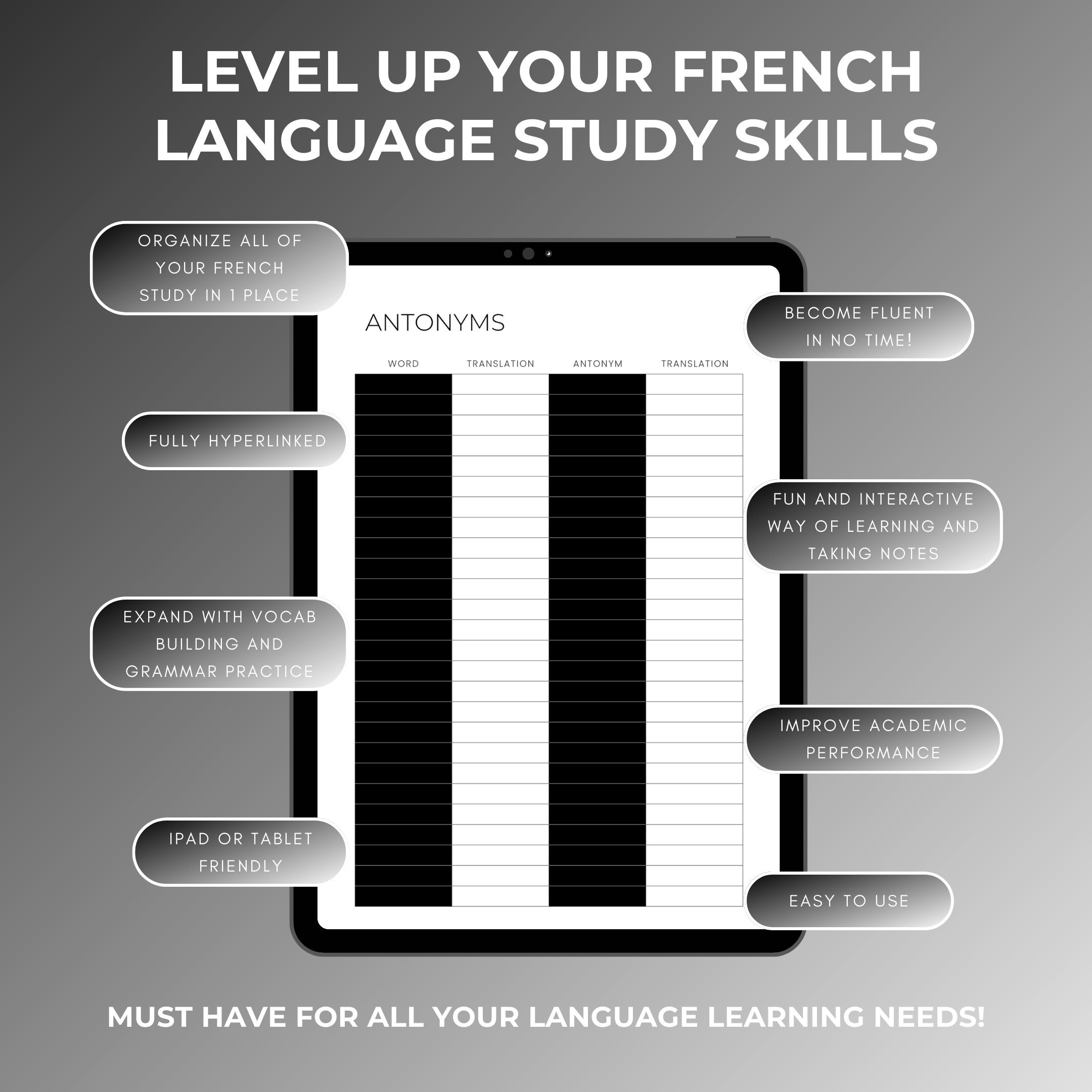 French Black & White Language Learning Notebook, Hyperlinked Journal ...