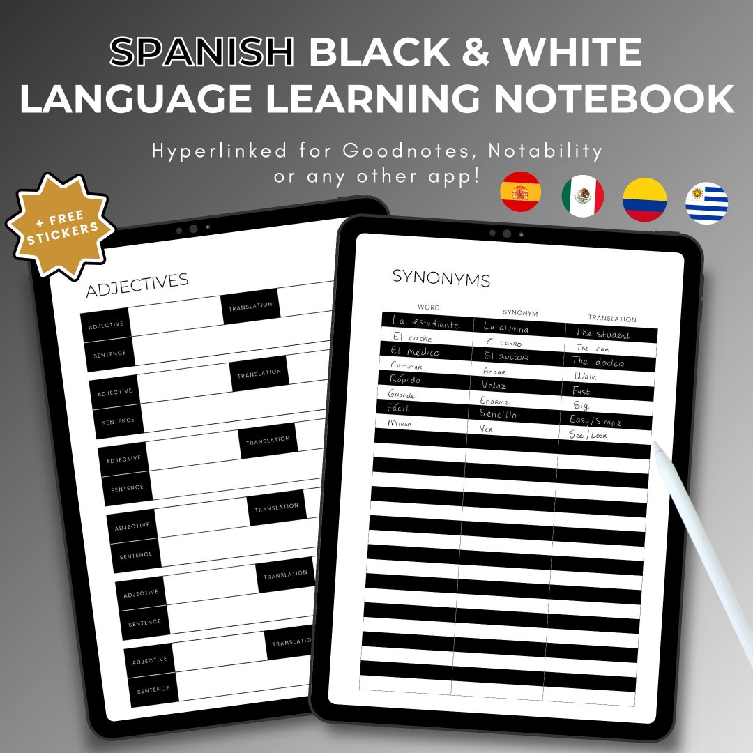 Spanish Black & White Language Learning Notebook, Hyperlinked Journal ...