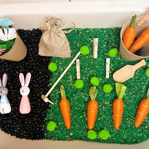 Contenedor sensorial de jardinería de conejitos / Contenedor sensorial de Pascua / Contenedor sensorial de primavera / Regalo de Pascua / Muñecas Bunny Peg / Small World Play