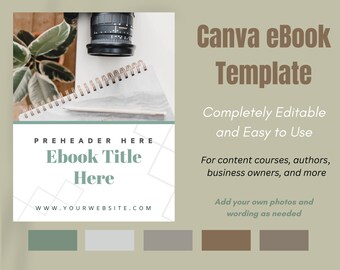 Puede incluir: Una plantilla de libro electrónico de Canva con un esquema de color verde, blanco y marrón. El texto dice "Plantilla de libro electrónico de Canva", "Completamente editable y fácil de usar", "Para cursos de contenido, autores, propietarios de empresas y más", y "Agrega tus propias fotos y redacción según sea necesario".