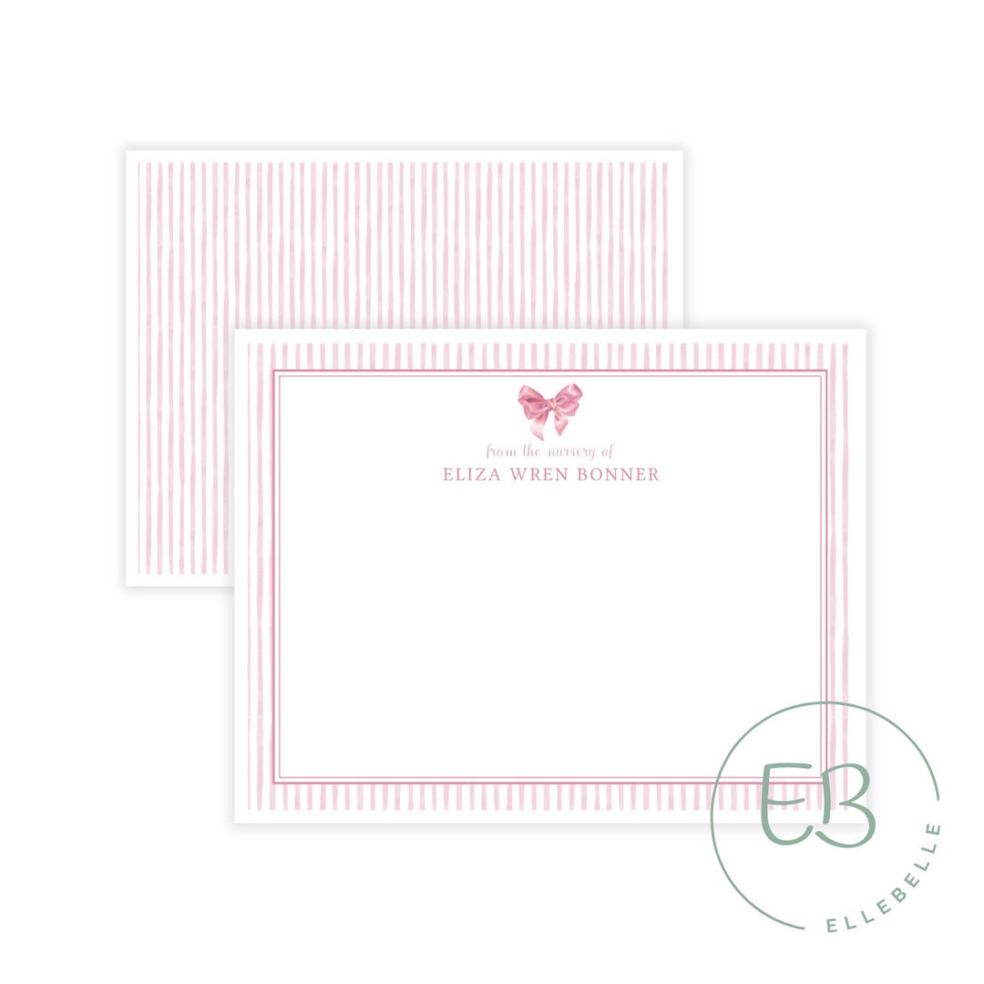 Personalized Baby Girl Stationery, Printable Notecard, Pink Bow, Pink Stripes, Preppy Girl ...