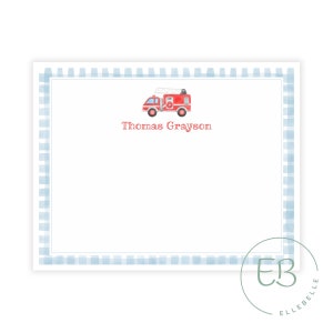 Papeterie personnalisée pour camion de pompier, Carte de correspondance imprimable, Camion de pompiers, Vichy bleu, Classique, Papeterie pour garçons, Papeterie pour enfant