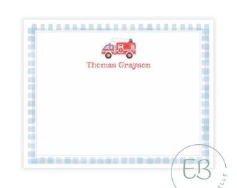 Personalized Fire Truck Stationery, Printable Notecard, Fire Engine, Blue Gingham, Classic, Boys Stationery, Kid Stationery
