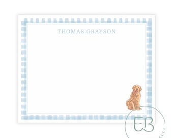 Personalisierte Hunde-Briefpapier, druckbare Notizkarte, Blaues Gingham, Golden Retriever-Briefpapier, Klassisch, Jungen-Briefpapier, Kind-Briefpapier
