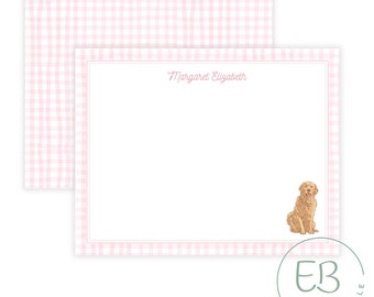 Personalisiertes Hunde-Briefpapier, Golden Retriever-Notizkarte, rosa Gingham, Golden Retriever-Briefpapier, klassisch, Mädchen-Briefpapier, Kinder-Briefpapier