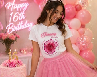 Camiseta de cumpleaños de enero: camiseta estampada con claveles florales para mujer.