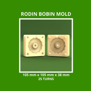 Op de afbeelding: Twee beige plastic mallen voor het maken van hars spoelen. Elke mal heeft een spiraalvormig ontwerp met 25 windingen. De mallen zijn 105 mm x 105 mm x 38 mm.