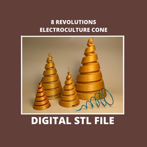 May include: Four gold-coloured electroculture cones of varying sizes, with a blue spring coil in the foreground. The largest cone has eight revolutions, and the text "8 REVOLUTIONS ELECTROCULTURE CONE" is above the image. The text "DIGITAL STL FILE" is below the image.