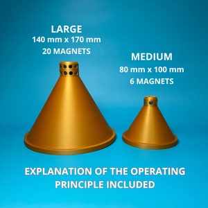Pu&ograve; includere: Due imbuti in metallo color oro con base rotonda e punta appuntita. L'imbuto pi&ugrave; grande misura 140 mm x 170 mm e ha 20 magneti. L'imbuto pi&ugrave; piccolo misura 80 mm x 100 mm e ha 6 magneti. Il testo "EXPLANATION OF THE OPERATING PRINCIPLE INCLUDED" &egrave; stampato sotto gli imbuti.