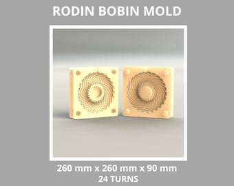 May include: Two beige plastic molds for making a spiral bobbin. Each mold is square and measures 260 mm x 260 mm x 90 mm. The mold has 24 turns. RODIN BOBIN MOLD is printed on the image.
