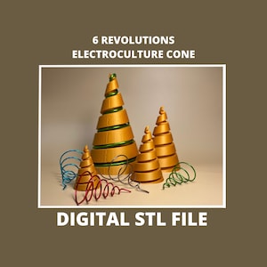 May include: A digital STL file for 3D printing a set of six golden electroculture cones. The cones are designed with a spiral pattern and are shown with green and red wire coils.