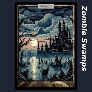 10 Pantanos de zombis (tierras básicas personalizadas con arte completo para Magic the Gathering, montañas de goblins en la parte posterior)