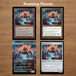 Peut inclure: Quatre cartes à collectionner avec la carte "Roaming Throne". Chaque carte présente une illustration d'une créature mécanique sur un paysage. Le texte sur les cartes comprend "Artifact Creature - Golem" et des instructions de jeu.