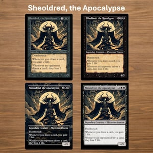 Puede incluir: Cuatro cartas coleccionables con el personaje "Sheoldred, the Apocalypse". Cada carta tiene un fondo negro con una ilustración detallada de una figura con capa oscura contra un cielo iluminado por la luna. El texto incluye las habilidades de la carta y su nombre.