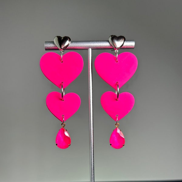 Hot Pink Earrings | Lightweight Handmade Polymer Clay | Neon Funky Romantic Gift for Her | Bachelorette, Bride, Festival, Concert | Hearts