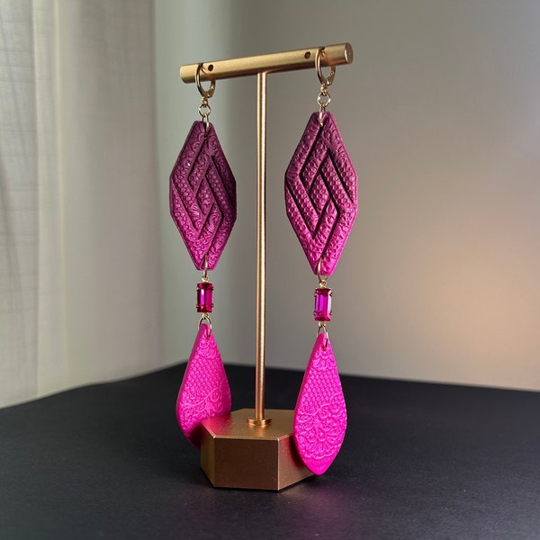 Lightweight Ombré Statement Earrings | Handmade Polymer Clay | Burgundy & Fuchsia Gift for Her | Wedding Guest Black Tie Formal Event Prom