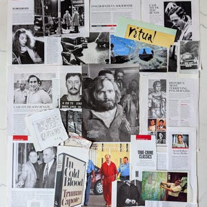 May include: A collage of true crime imagery featuring black and white photographs of historical figures, newspaper clippings, and text excerpts. The collection includes a book cover for In Cold Blood, a handwritten note, and a yellow card labeled Ritual.