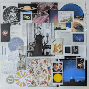 Peut inclure: Un collage de documents en papier présentant des images astronomiques, incluant un portrait en noir et blanc d'une personne en robe, des cartes du ciel, une image de Saturne, un soleil jaune, un diagramme zodiacal et le texte The Ring of Truth.