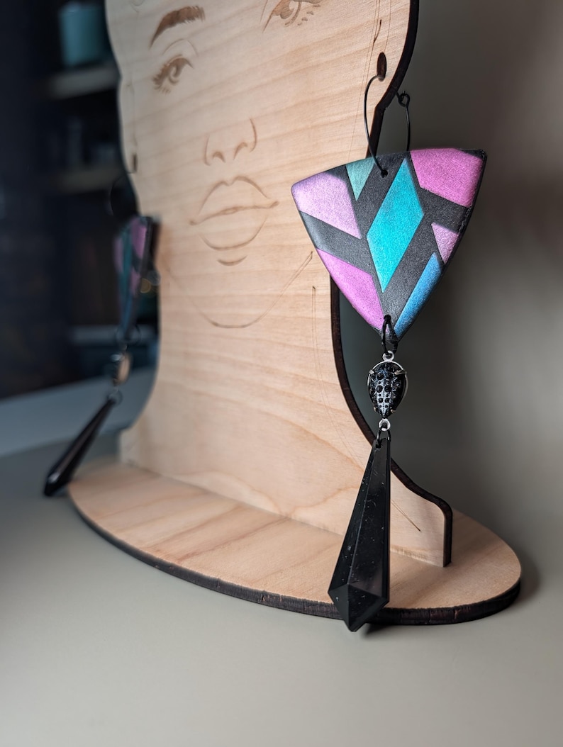 Pendent Triangle Pattern Teal & Pink Oversized Retro Statement Earrings Handmade With Polymer ...