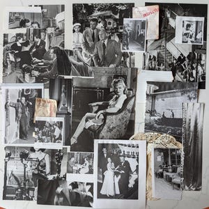Può includere: Un collage di fotografie vintage in bianco e nero con scene di film classici. Le immagini includono attori, set cinematografici e fotogrammi di varie produzioni. Un "Guest Check" è visibile.