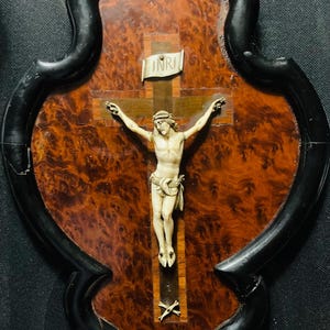 Antique Ivory Crucifix, 1800s French..rare lovely Jesus Christ handcarved in Antique Ivory, set on the beautiful original burl wood plaque