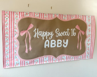 LoveShackFancy Banner | girly birthday sign, pink and bows, brown paper sign, custom party banner