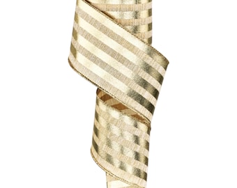 May include: A roll of ribbon featuring a repeating pattern of horizontal metallic gold stripes alternating with textured beige stripes. The ribbon is wound around a central spool and displays a consistent striped design throughout its length.