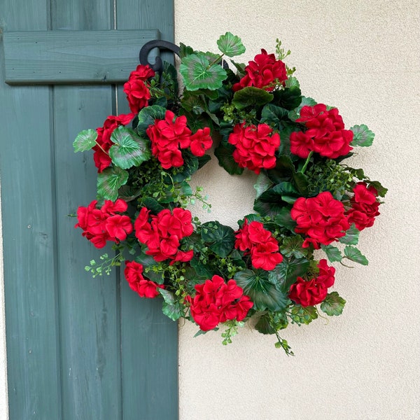 Red Geranium Wreath Decorative Front Door Summer Door Wreath 4th of July Wreath Faux Wreath Geranium Wreath Gift for her Mothers Day Gift