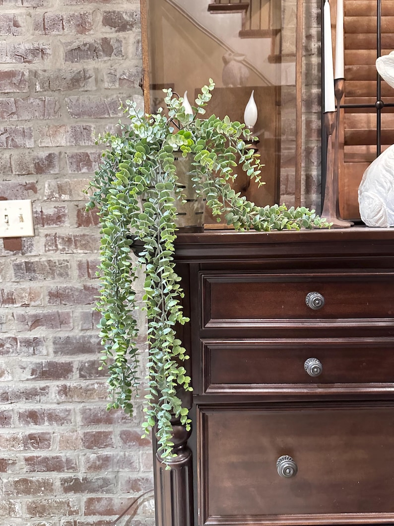 May include: A cascading faux eucalyptus plant in a metal container sits atop a dark brown wooden dresser. The plant features small, round, green leaves and long, trailing stems. The dresser has three drawers with round, silver knobs.