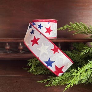 Red white blue star ribbon patriotic ribbon for wreaths 4th of July ribbon Memorial Day decor Americana wreath ribbon wired edge gift