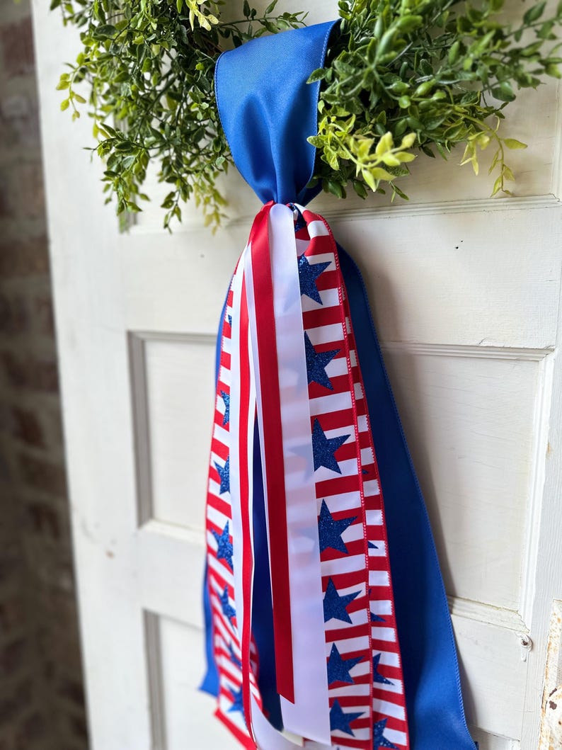 Blue Ribbons Hanging Red White Blue Plaid Wreath Sash Patriotic Front Door Ribbon Bow 4th of ...