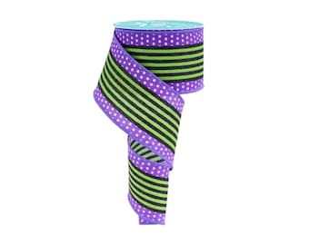 Purple Green Stripe Ribbon Wired Edge Halloween Ribbon Witch Ribbon Wreath Ribbon Bow Making Ribbon 2.5 Inch 10 Yard Roll