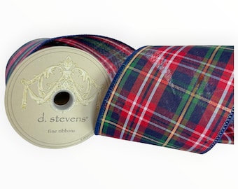 Cinta navideña D. Stevens con alambre, diseño de cuadros Devon, en rojo, azul marino y verde, de algodón, 4 pulgadas x 10 yardas.