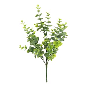May include: A sprig of artificial eucalyptus with green leaves and stems. The leaves vary in shades of green, with some lighter and some darker, creating a natural look. The stems are a darker green.