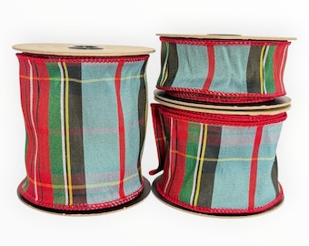 Ruban de Noël traditionnel à carreaux tartan, imitation dupioni, rouge, vert, bleu, noir et blanc, pour couronne.