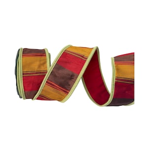 May include: A roll of wired ribbon featuring a horizontal striped pattern in shades of deep red, golden yellow, and dark brown. The ribbon has a light green stitched edge that runs along both sides, providing structure and a defined border.