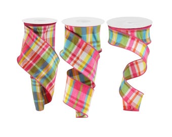 Plaid Wired Ribbon 2.5 Inch Faux Dupioni Ribbon 10 Yards for Wreath Making Bright Spring Summer Ribbon for Bows Gift Wrapping and Crafts