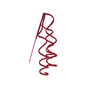 May include: A red decorative spiral pick featuring a textured, glittery surface. The item consists of a straight stem that transitions into a series of interconnected, coiled loops, creating a vertical, wavy, and spring-like structure.