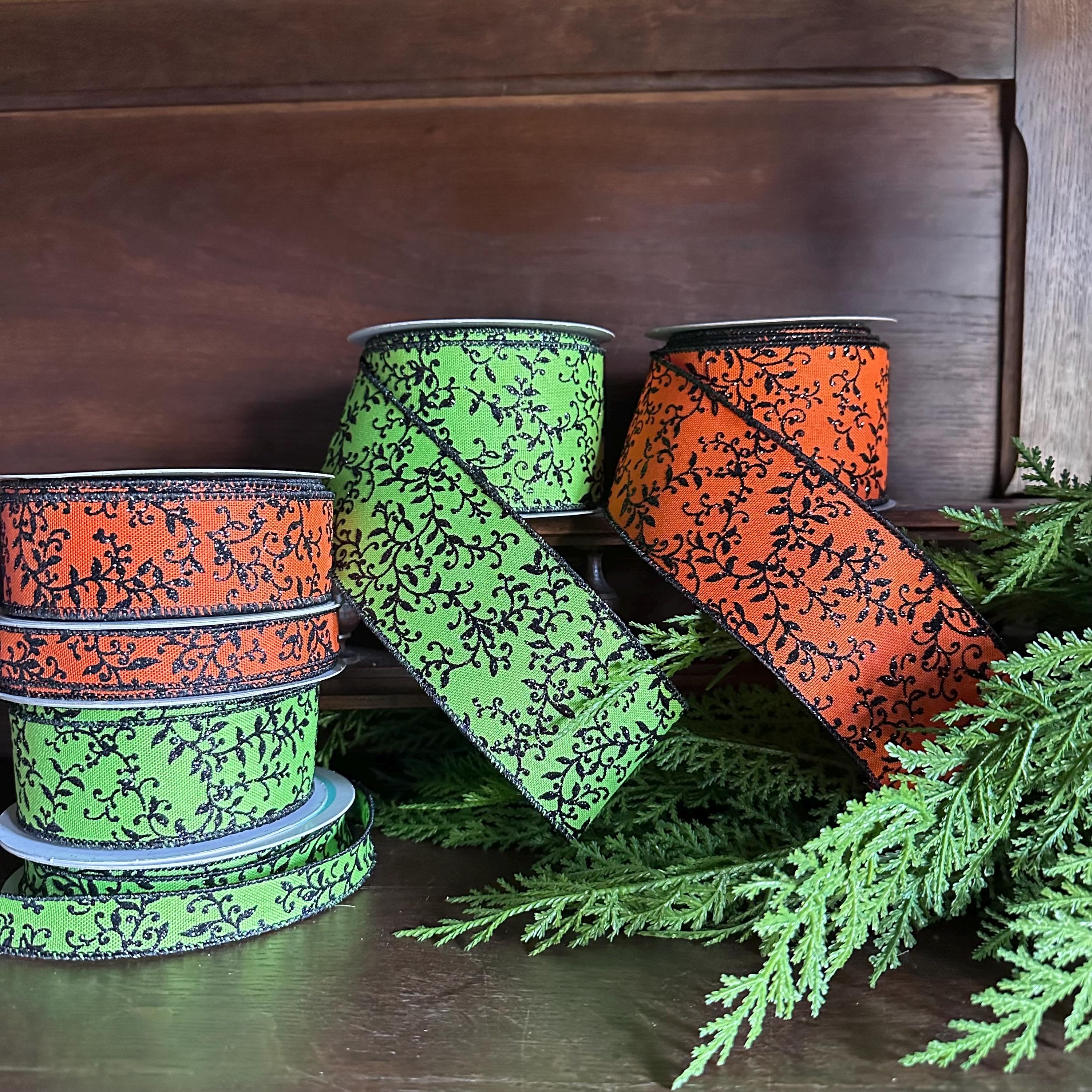 Halloween Wired Ribbon Fall Wreath Making Supply Black Leaf Pattern Decorative Edge Orange Craft Project Halloween Decor Door Bow Making