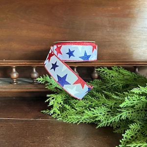 Red white blue star ribbon patriotic ribbon for wreaths 4th of July ribbon Memorial Day decor Americana wreath ribbon wired edge gift