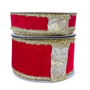 May include: Two stacked spools of red velvet ribbon featuring metallic gold tinsel edges and a vertical gold fabric accent strip. The vibrant red material contrasts with the shimmering gold trim, creating a textured appearance for this craft supply.