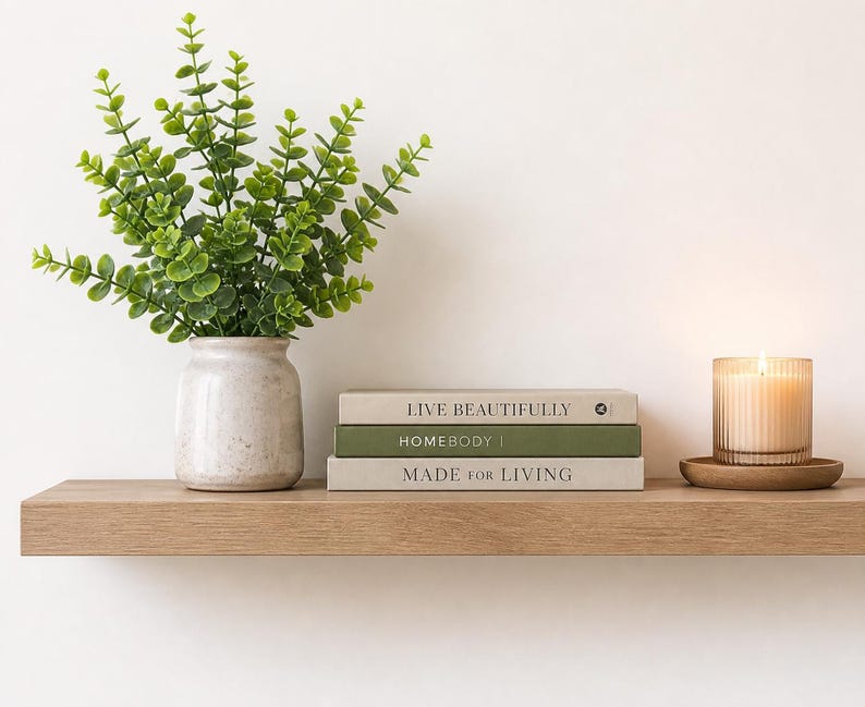 May include: A wooden shelf displays a vase with green foliage, three books with titles "LIVE BEAUTIFULLY", "HOMEBODY", and "MADE FOR LIVING", and a lit candle in a glass holder. The candle sits on a wooden coaster.