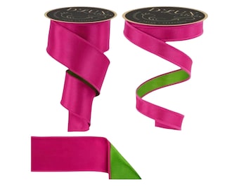Hot Pink & Green Reversible Wired Ribbon 7/8” or 2.5” Fused Back Ribbon for Spring Summer Wreaths Garlands Crafts