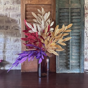 Gold Glitter Leaf Spray for Christmas Tree Mantel Garland Holiday Decor Sparkly Artificial Pick for Wreath Making Floral Arrangements