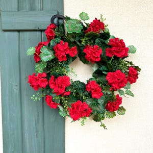Geranium Wreath Decor for Front Door Summer Wreath 4th of July Wreath Faux Wreath Red Geranium Wreath Spring Wreath Mothers Day Gift