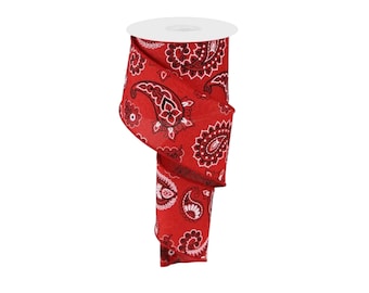 Western Bandana Wired Ribbon 2.5” Red Paisley Ribbon Cowboy Country Ribbon for Wreaths Bows Garland Decor 10 Yard Roll