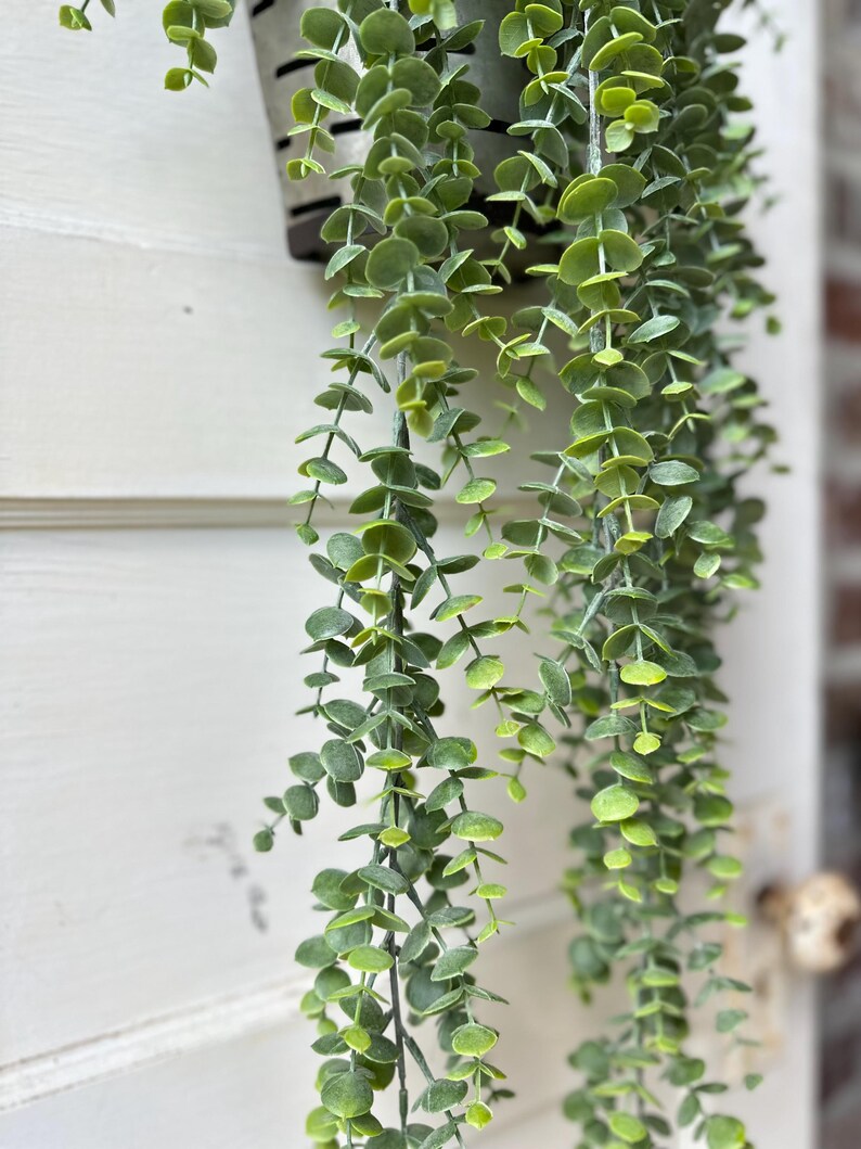 May include: Close-up of a hanging artificial plant with cascading green leaves. The plant is in a metal container and hangs against a white wooden surface. The leaves are a mix of light and dark green.