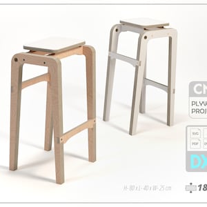 May include: Two wooden bar stools with white seats. The stools are made of light-coloured wood and have a simple, modern design. The image includes the text "CNC PLYWOOD PROJECTS" and "DXF". Dimensions: H-80 x L-40 x W-25 cm (31.5 x 15.7 x 9.8 inches).