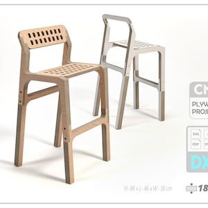 May include: Two light-coloured wooden bar stools with perforated seats and backrests. The stools feature a modular design with visible joinery. Text on the image includes CNC PLYWOOD PROJECTS, SVG, AI, PDF, DWG, DXF, and H-86 x L-46 x W- 38 cm, 18mm.